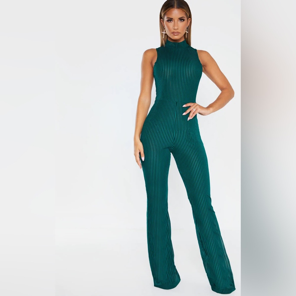 PrettyLittleThing Teal Sleeveless Ribbed Jumpsuit